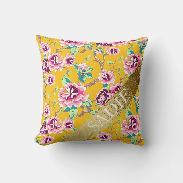 Mustard Yellow Pink Floral Gold op maat Kussen (Voorkant)