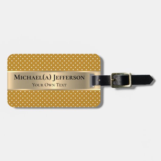 Mustard Yellow Polka Dots Gold Band Personalized Bagagelabel (Voorkant horizontaal)