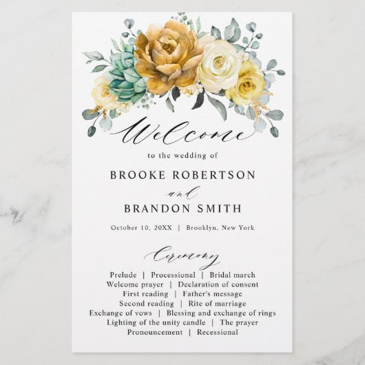 Mustard yellow sage greenery Wedding Programme (Voorkant)