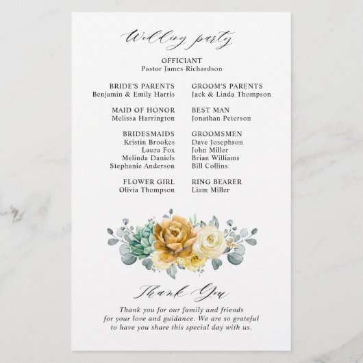 Mustard yellow sage greenery Wedding Programme (Achterkant)