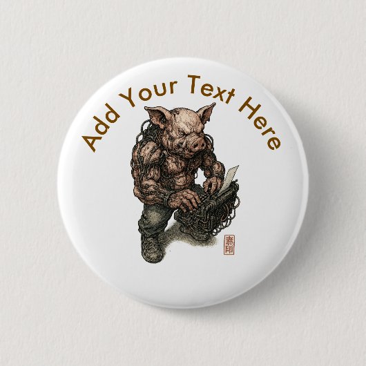 Mutant Pig Warrior – Cyberpunk Slachter met Kettin Ronde Button 5,7 Cm (Voorkant)