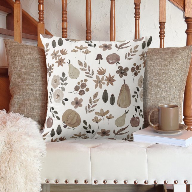 Muted Autumn Harvest Pumpkins and Foliage Kussen (Autumn Harvest Pumpkins and Foliage Throw Pillow in Muted Colors)