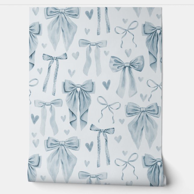 Muted Baby Blue Hand-Drawn Bows on Soft Blue Behang (Afrollen)
