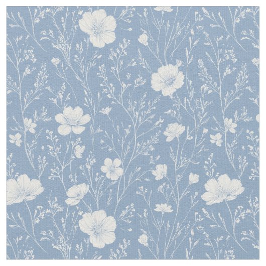 Muted Blue And White Wildflower Pattern Stof (Close Up)