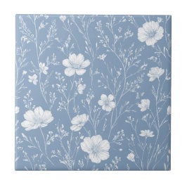 Muted Blue And White Wildflower Pattern Tegeltje