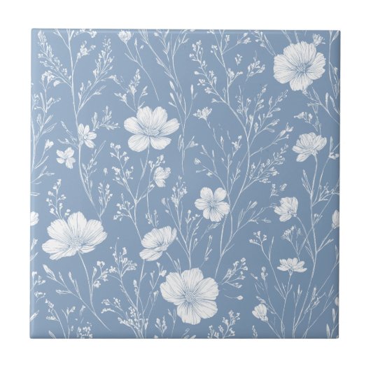 Muted Blue And White Wildflower Pattern Tegeltje (Voorkant)