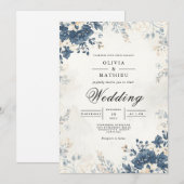 Muted Blue Botanical Flourish Wedding Kaart (Voorkant / Achterkant)