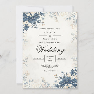 Muted Blue Botanical Flourish Wedding Kaart