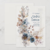 Muted Blue Folk Bloemen bruiloft Kaart (Voorkant / Achterkant)