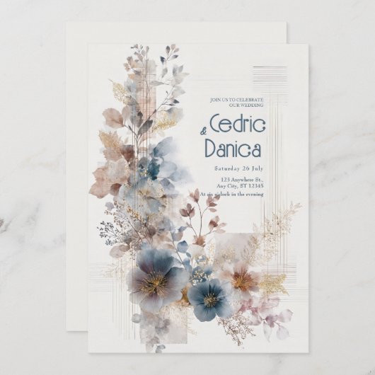 Muted Blue Folk Bloemen bruiloft Kaart (Voorkant / Achterkant)