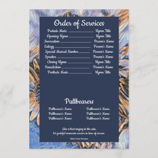 Muted Blue Sunflower Art | Photo | Funeral Programmakaart (Achterkant)