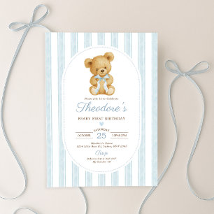 Muted Blue Teddy Bear eerste verjaardagsfeestje Kaart
