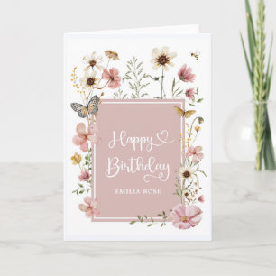 Muted Blush Wildflower Butterfly Happy Birthday Kaart