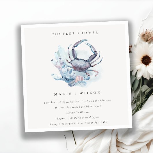 Muted Crab Coral Nautical Couples Shower Invite Bedankkaart