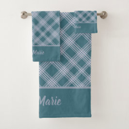 Muted Cyaan Plaid Pattern Custom Badhanddoek Set Bad Handdoek