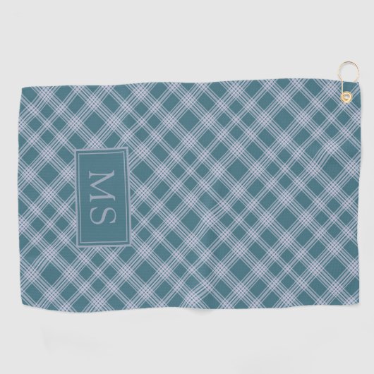 Muted Cyaan Plaid Pattern Monogram Golf Handdoek (Horizontaal)