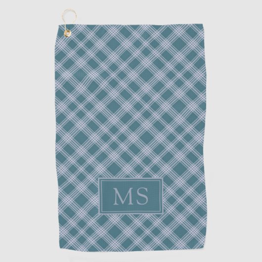 Muted Cyaan Plaid Pattern Monogram Golf Handdoek (Voorkant)