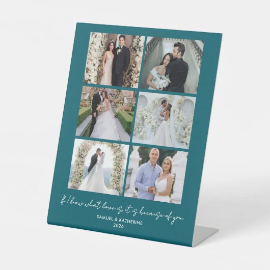 Muted Deep Teal 6 Photo Collage Valentine’s Reclamebord Met Voetstuk (Voorkant)
