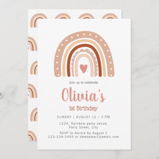 Muted Earthy Tone Boho Rainbow 1st Birthday Kaart (Voorkant / Achterkant)