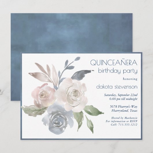 Muted Floral Bouquet | Blauwe Cream Quiceanera 15e Kaart (Voorkant / Achterkant)