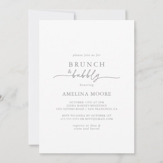 Muted Gray Minimal Brunch and Bubbly Bridal Shower Kaart (Voorkant)