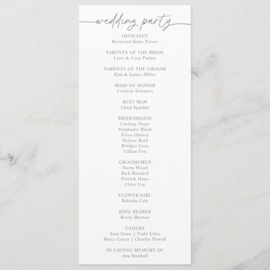 Muted Gray Simple Minimalist Wedding Program Programmakaart (Achterkant)