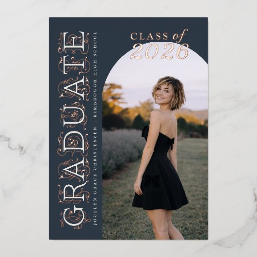 Muted Navy Ivory Photo Graduation Rose Gold Folie Uitnodiging (Voorkant)