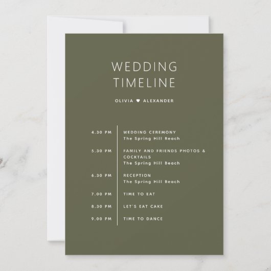 Muted Olive Green Timeline | Woodland Wedding  Kaart (Achterkant)
