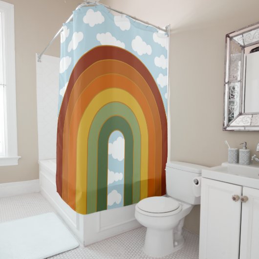 Muted Retro Seventies Rainbow Cloud Sky Douchegordijn (In situ)