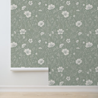 Muted Sage Green And White Wildflower Pattern Behang