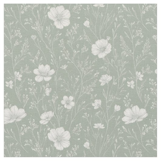 Muted Sage Green And White Wildflower Pattern Stof (Close Up)