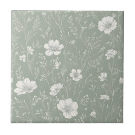 Muted Sage Green And White Wildflower Pattern Tegeltje