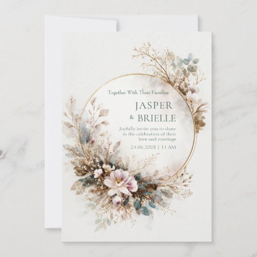 Muted Teal Watercolor Gold Circle Wedding Kaart (Voorkant)