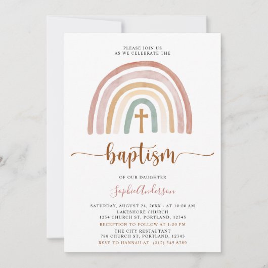 Muted Tones Boho Rainbow Baptism Invitation Kaart (Voorkant)