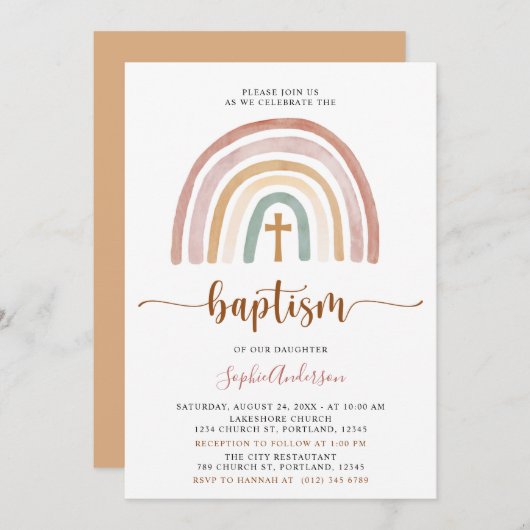 Muted Tones Boho Rainbow Baptism Invitation Kaart (Voorkant / Achterkant)