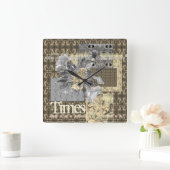 Muted Tones Folk Floral Patchwork Grey Brown Vierkante Klok (Huis)