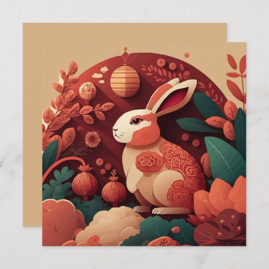 Muted Tones Rabbit Chinese nieuwjaarsuitnodiging Kaart (Voorkant / Achterkant)