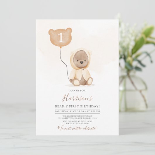 Muted Tones Teddy Bear Beary First Birthday Kaart (Staand voorkant)