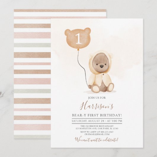 Muted Tones Teddy Bear Beary First Birthday Kaart (Voorkant / Achterkant)