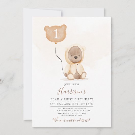 Muted Tones Teddy Bear Beary First Birthday Kaart (Voorkant)