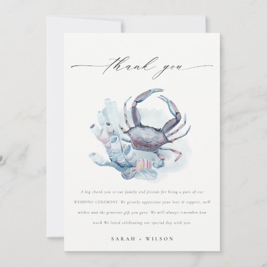 Muted Underwater Crab Coral Nautical Wedding Bedankkaart (Voorkant)