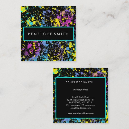 Mutlicolor Paint Splatter Makeup Artist Vierkante Visitekaartje (Voorkant / Achterkant)