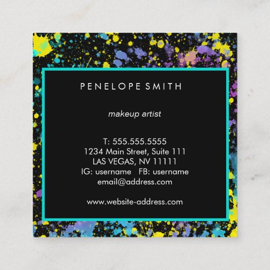 Mutlicolor Paint Splatter Makeup Artist Vierkante Visitekaartje (Achterkant)
