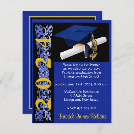 Muts & Diploma, Koninklijk Blauw/Zwart/Goud Afstud Kaart (Voorkant / Achterkant)