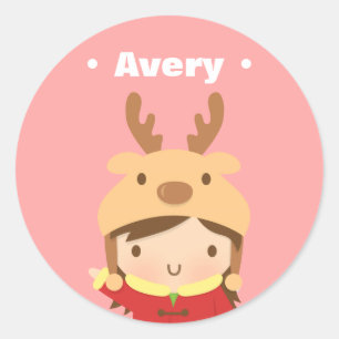 Muts Meisje Kinder Kerstvulling Cute Rendier Ronde Sticker