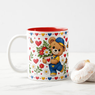 Muts teddybeermok met bloemen en harten tweekleurige koffiemok