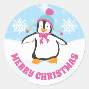 Mutsje Blauwe en Roze Hoed Kerst Pinguïn Ronde Sticker