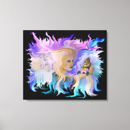 Mutter Natur mit Pferd und Schmetterling Canvas Afdruk (Voorkant)