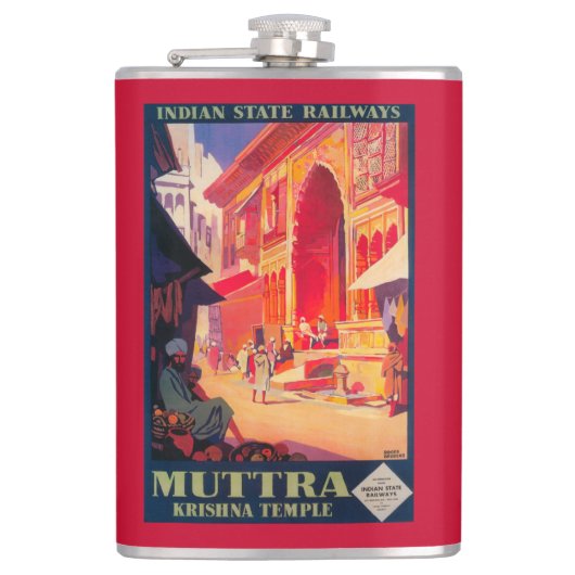 Muttra Krishna Temple Travel Poster Heupfles (Voorkant)
