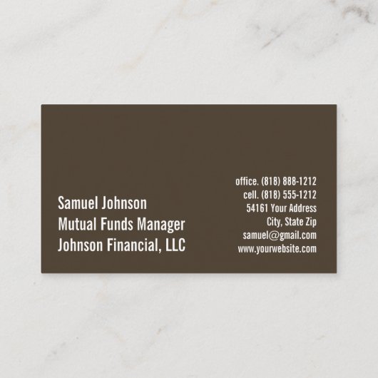 Mutual Funds Manager, effectenmakelaar Visitekaartje (Achterkant)